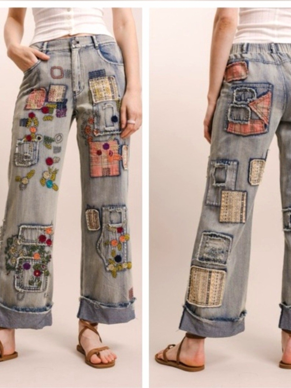 Blue Velvet Light Wash Embroidered Patchwork Wide-Leg Jeans